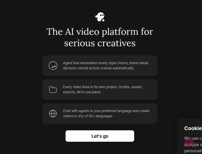 Pantalla de bienvenida de invideo tras el alta con Google con tres puntos sobre el agente, los proyectos y los más de 50 idiomas y el botón Let's go