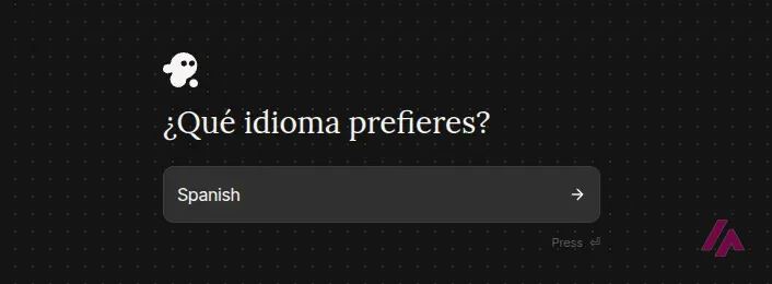 Paso 2 de 8 del cuestionario de invideo con la pregunta Qué idioma prefieres y Spanish ya escrito en la casilla