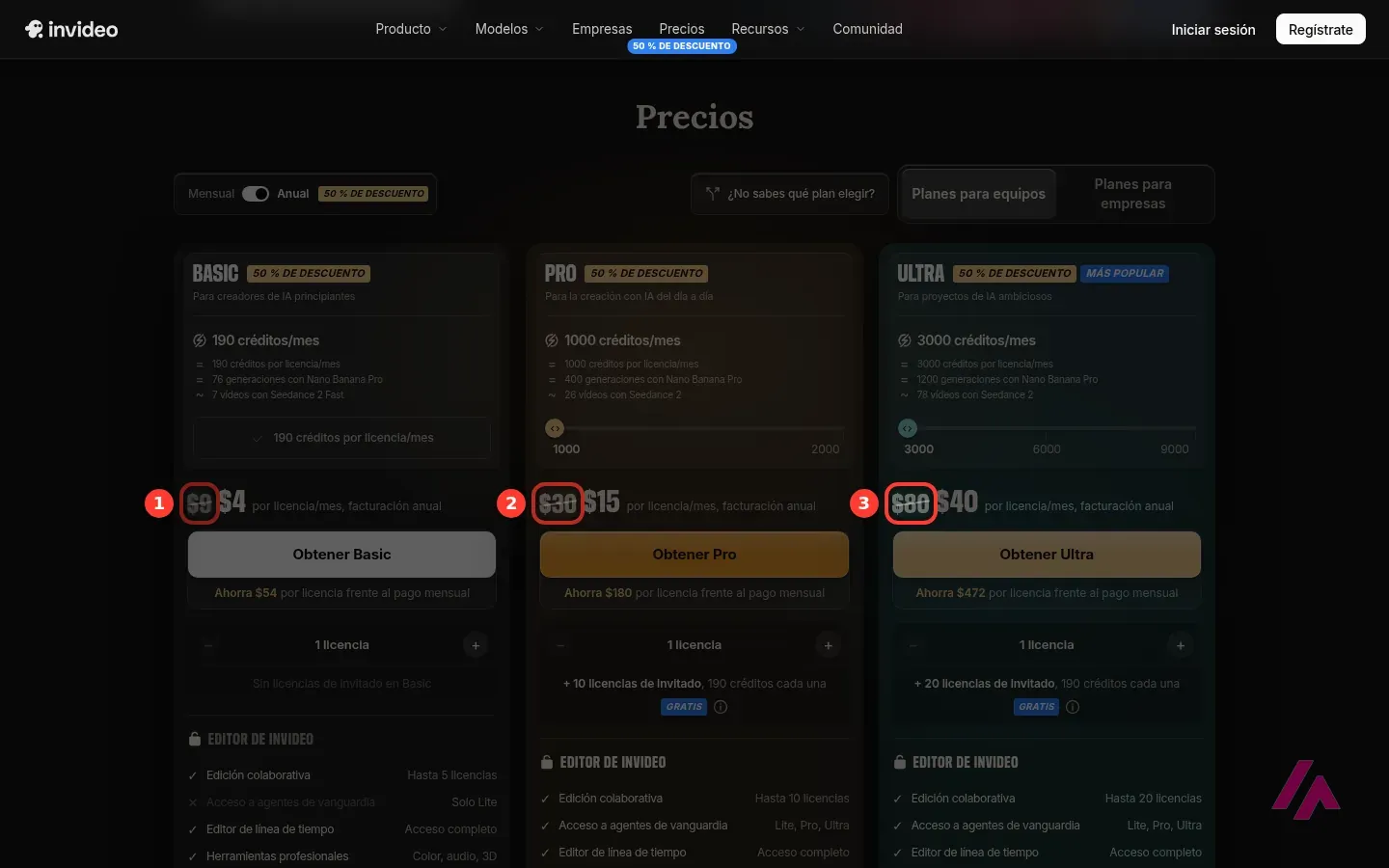Página de precios de invideo en español con los precios tachados de 9, 30 y 80 dólares al mes de los planes Basic, Pro y Ultra recuadrados