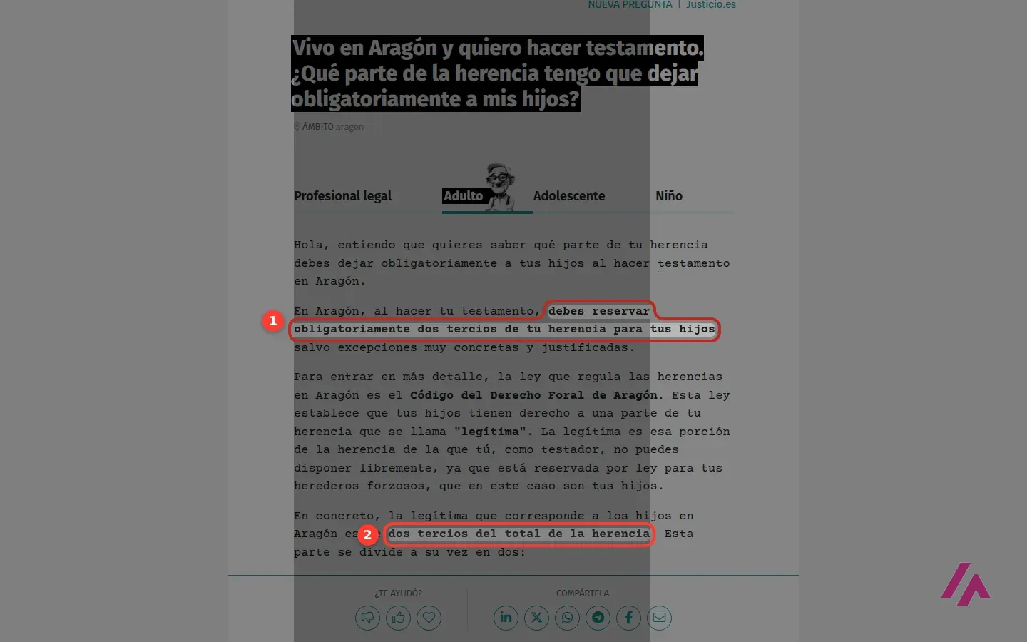 Respuesta de Justicio con ámbito Aragón a la pregunta de la herencia, con las frases que dicen que hay que reservar dos tercios de la herencia para los hijos recuadradas