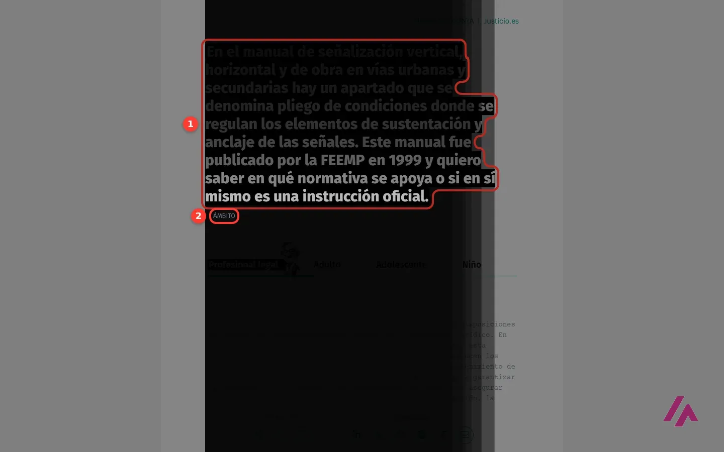 Página de respuesta de Justicio con la pregunta de otra persona sobre un manual de señalización vertical y horizontal de 1999 recuadrada, y el ámbito debajo