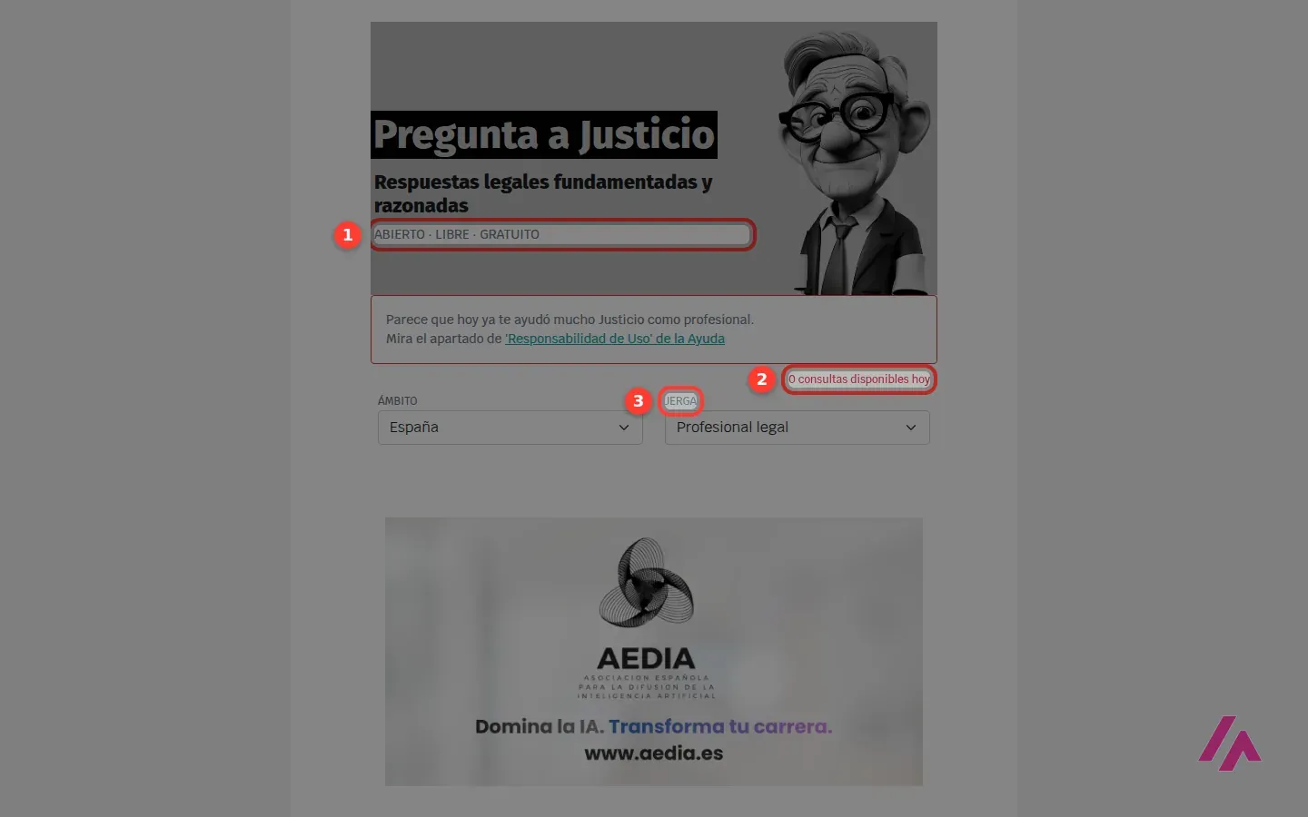 Portada de Justicio con 3 zonas recuadradas: el lema abierto, libre y gratuito, el contador de consultas disponibles hoy a cero y el selector de jerga