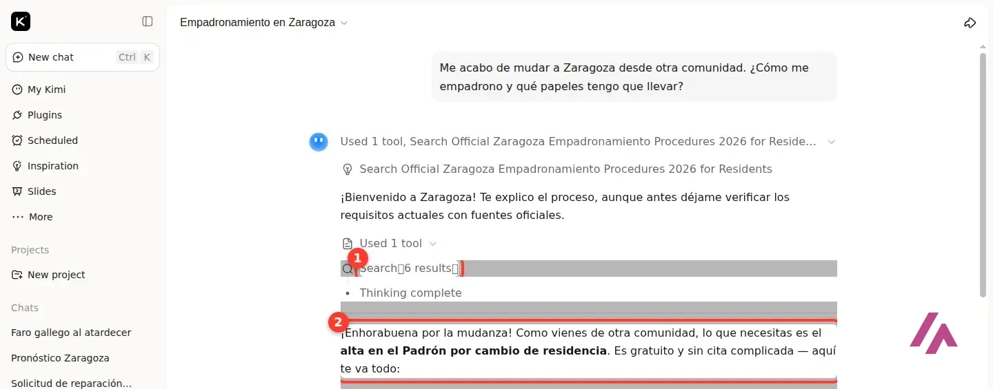 Conversación con Kimi sobre el empadronamiento en Zaragoza, con la búsqueda web previa recuadrada con el número 1 y el comienzo de la respuesta con el número 2