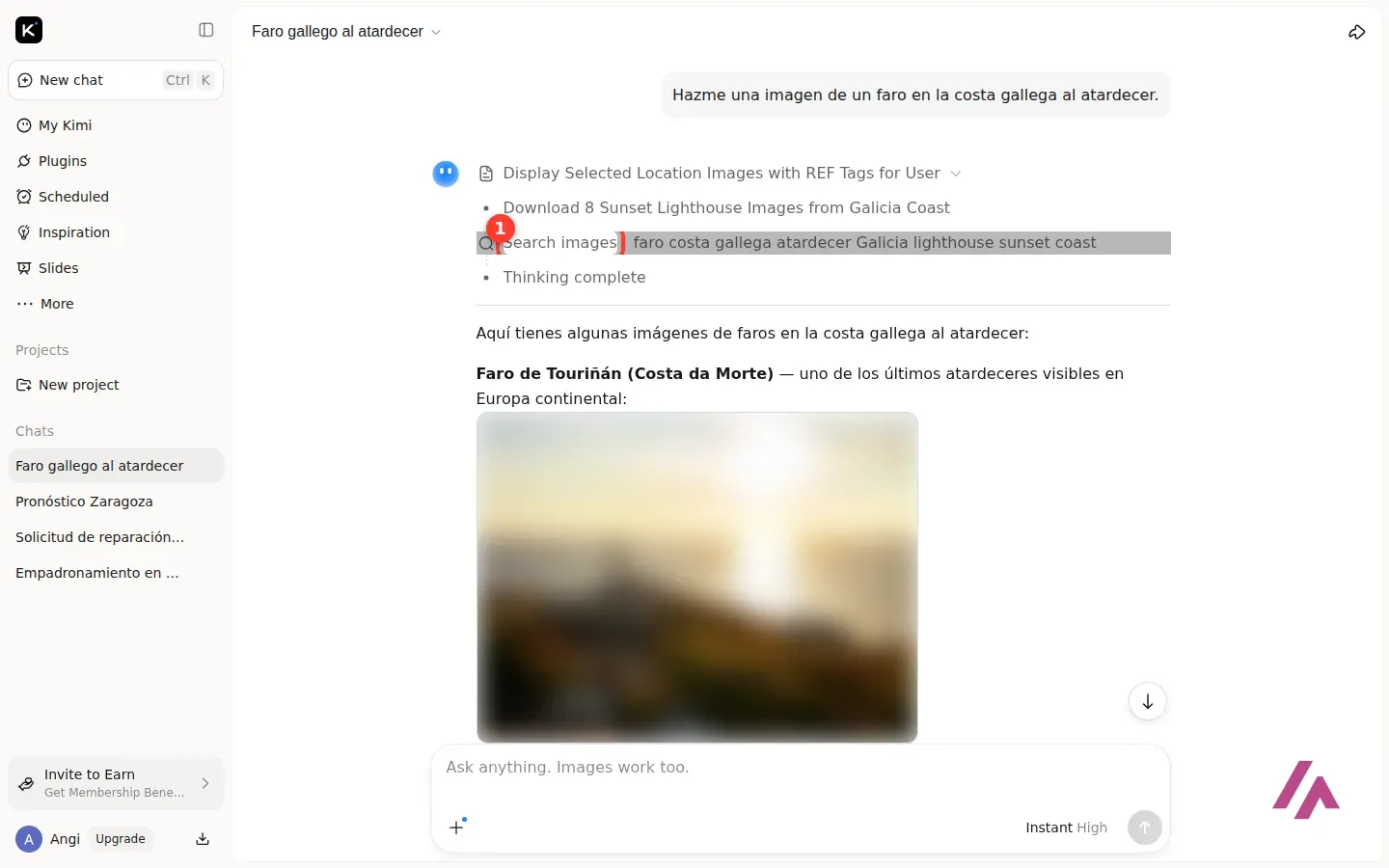Kimi responde a la petición de una imagen de un faro gallego buscando imágenes en internet; el paso de búsqueda de imágenes está recuadrado con el número 1 y las fotos aparecen difuminadas