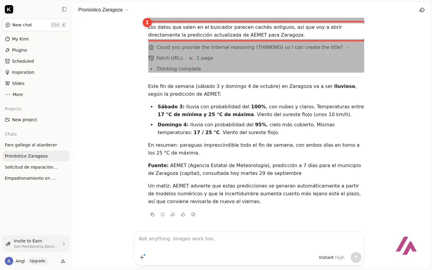 Kimi explica que los datos del buscador parecen cachés antiguos y que va a abrir directamente la predicción de AEMET, frase recuadrada con el número 1