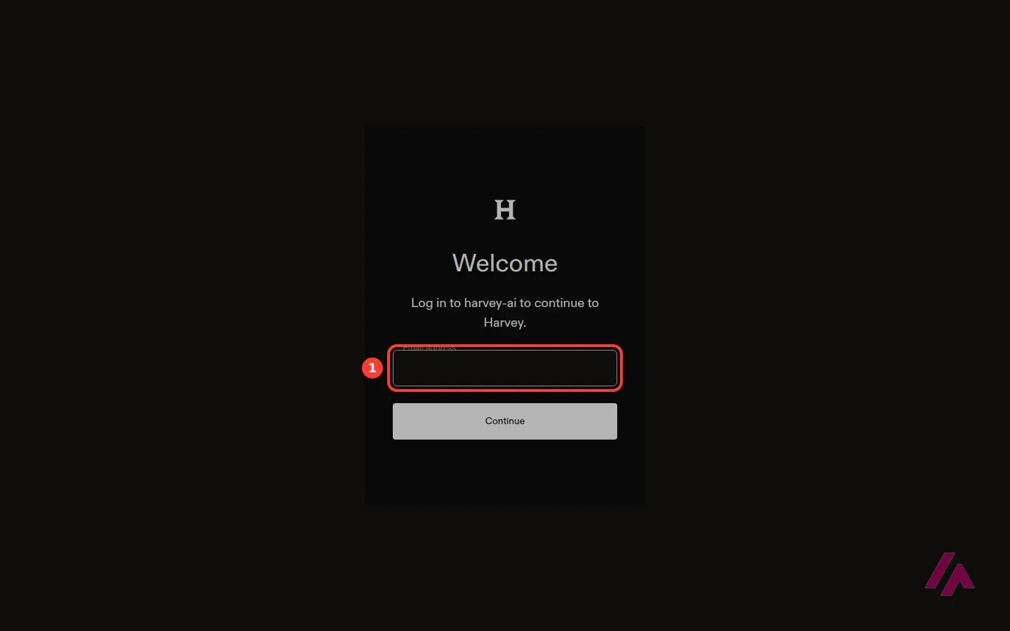 Pantalla de inicio de sesión de Harvey con un único campo para el correo y el botón Continue, sin opción de registrarse
