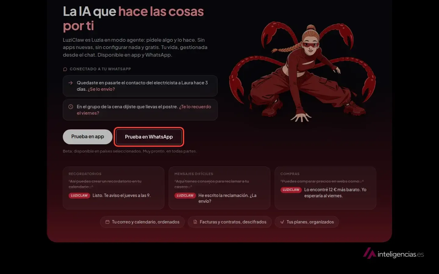 Sección LuziClaw de la web de Luzia con el botón «Prueba en WhatsApp» recuadrado