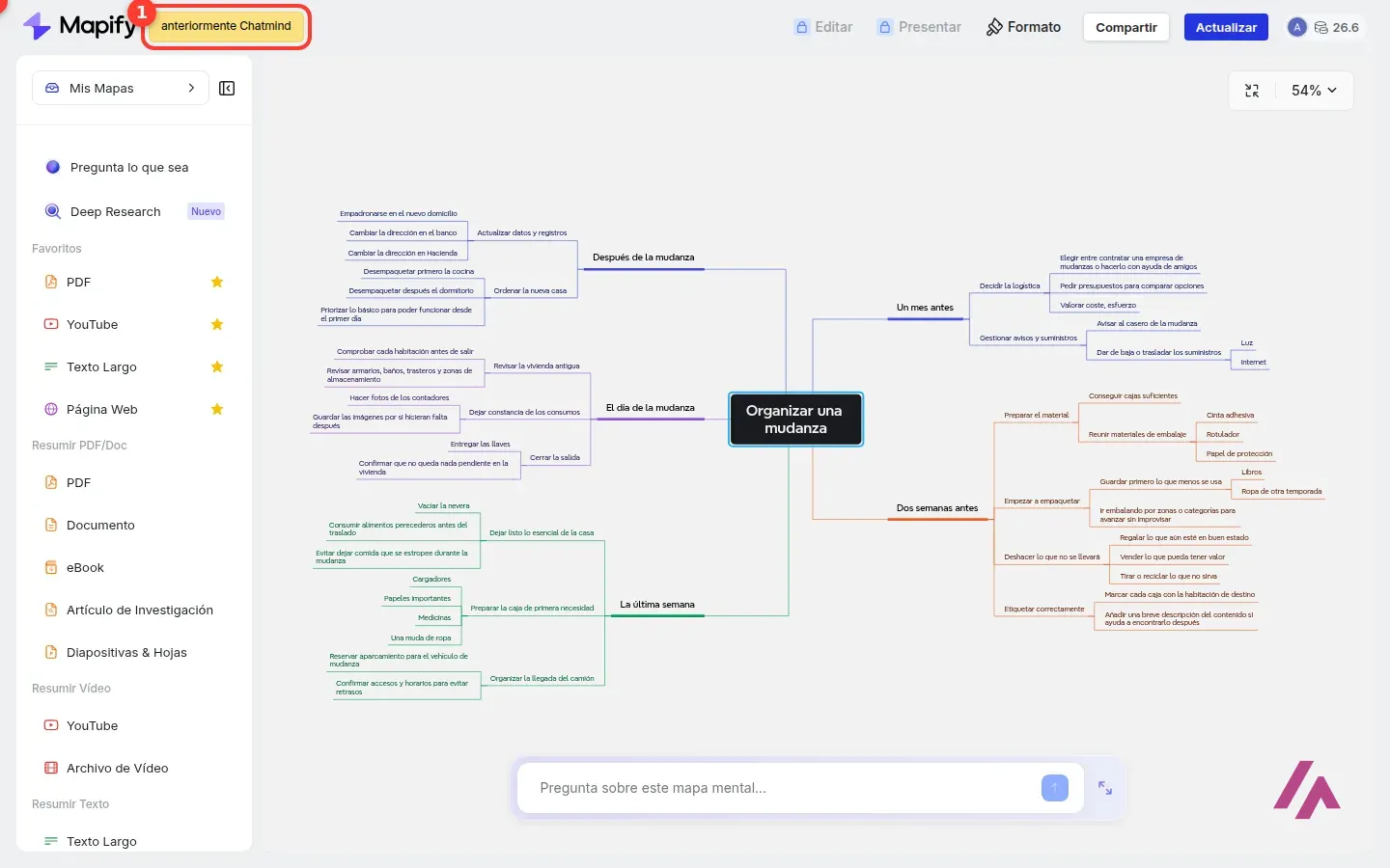 Mapa mental en español hecho con Mapify sobre cómo organizar una mudanza, con cinco ramas, y la etiqueta anteriormente Chatmind junto al logo recuadrada