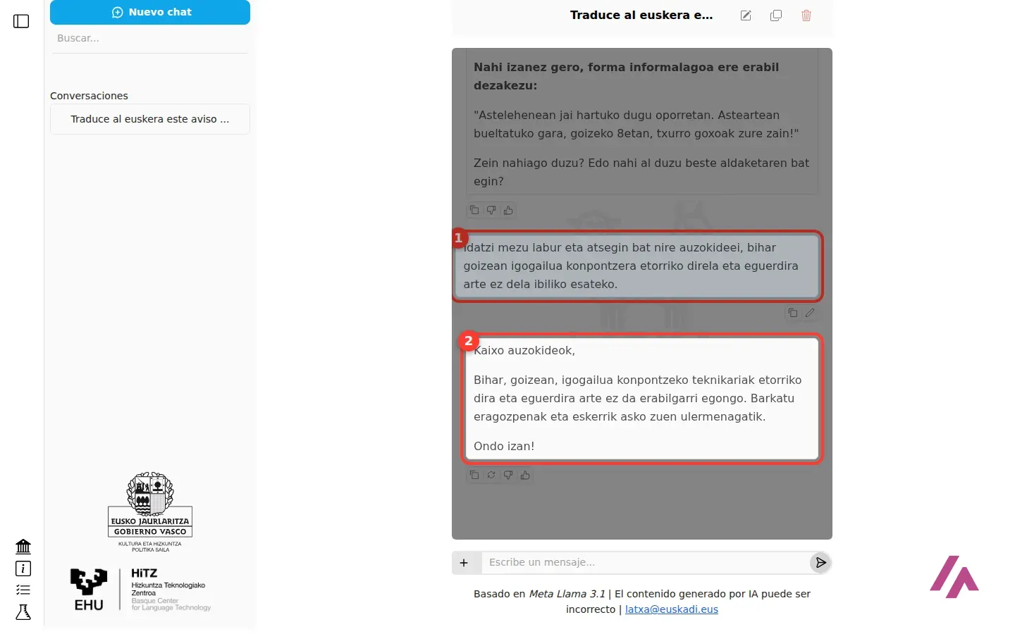 Chat de Latxa con una petición en euskera para avisar a los vecinos de la reparación del ascensor y el mensaje redactado por Latxa