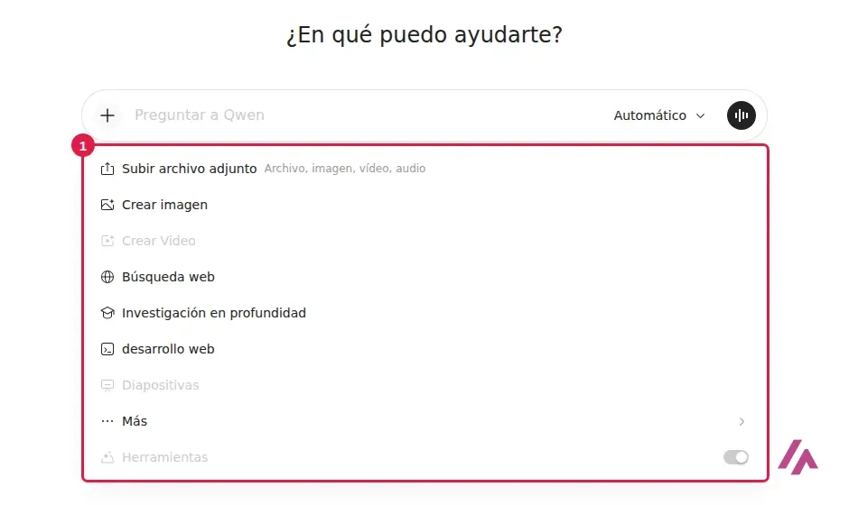 Menú del botón más del chat de Qwen desplegado y recuadrado, con Subir archivo adjunto, Crear imagen, Búsqueda web, Investigación en profundidad, desarrollo web y, en gris, Crear Video, Diapositivas y Herramientas