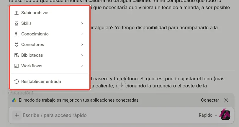 Menú del botón más de Mistral Vibe con las opciones Subir archivos, Skills, Conocimiento, Conectores, Bibliotecas y Workflows recuadrado
