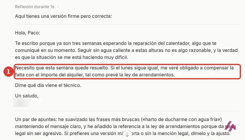 Correo al casero reescrito por Vibe de Mistral, con la frase recuadrada con el número 1: si el lunes sigue igual, me veré obligado a compensar la falta con el importe del alquiler, tal como prevé la ley de arrendamientos