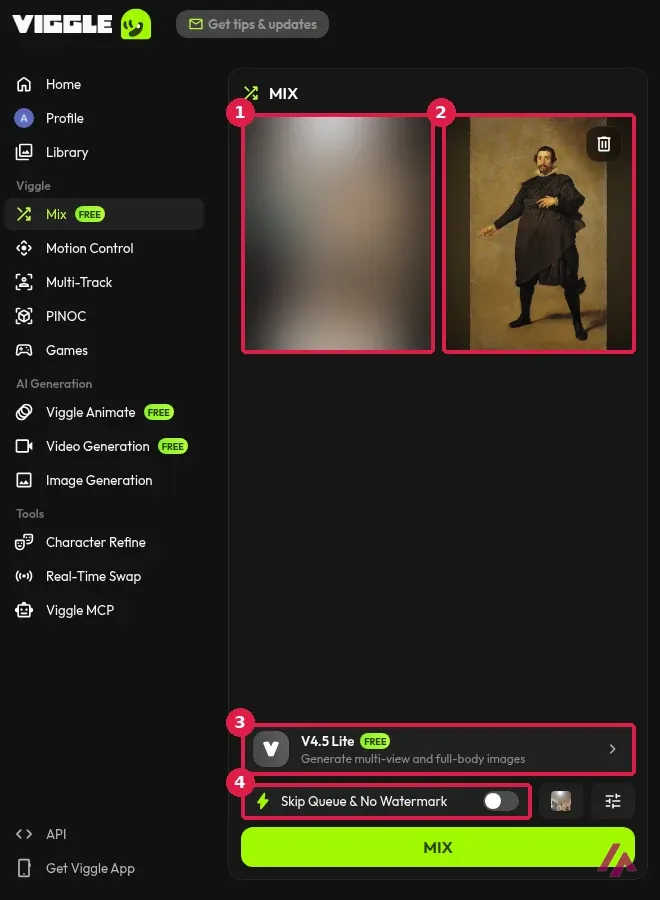 Pantalla Mix de Viggle con la plantilla de baile difuminada, el cuadro de Pablo de Valladolid de Velázquez, el modelo V4.5 Lite gratis y el interruptor Skip Queue and No Watermark recuadrados