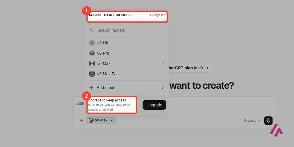 Selector de modelos de v0 en una cuenta nueva con v0 Mini, v0 Pro, v0 Max y v0 Max Fast; recuadrados el acceso a todos los modelos durante 30 días y el aviso de que después solo queda v0 Mini