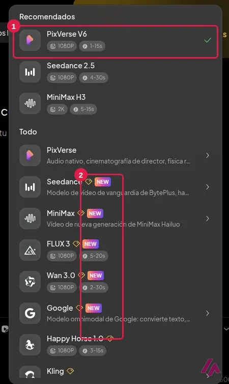 Selector de modelos de vídeo de PixVerse con PixVerse V6 seleccionado y los rombos de pago junto a Seedance, MiniMax, FLUX 3, Wan 3.0 y Google recuadrados