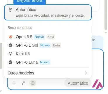 Menú del selector de modelos de Notion AI con la opción Automático y una lista de modelos recomendados
