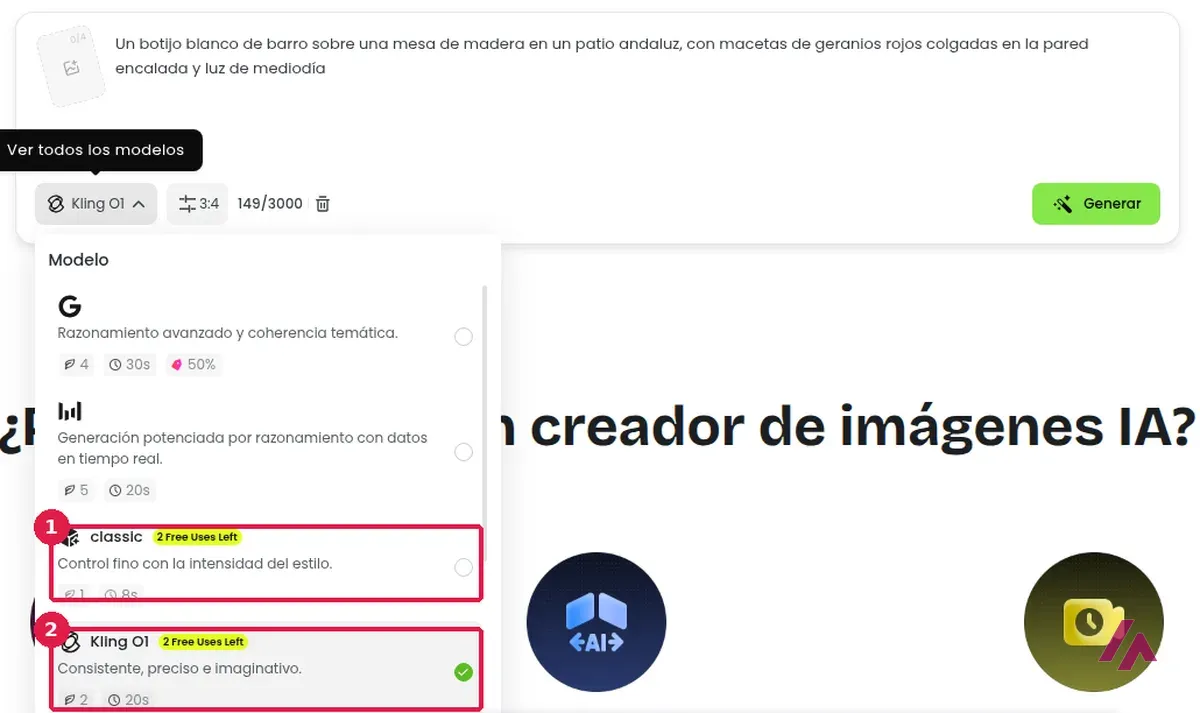 Selector de modelos del generador de imágenes de Fotor con los modelos classic y Kling O1 recuadrados, cada uno con la etiqueta de 2 usos gratis