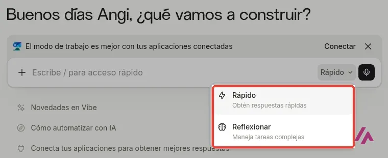 Barra de escritura de Mistral Vibe con el selector de modo abierto y sus dos opciones, Rápido y Reflexionar, recuadradas