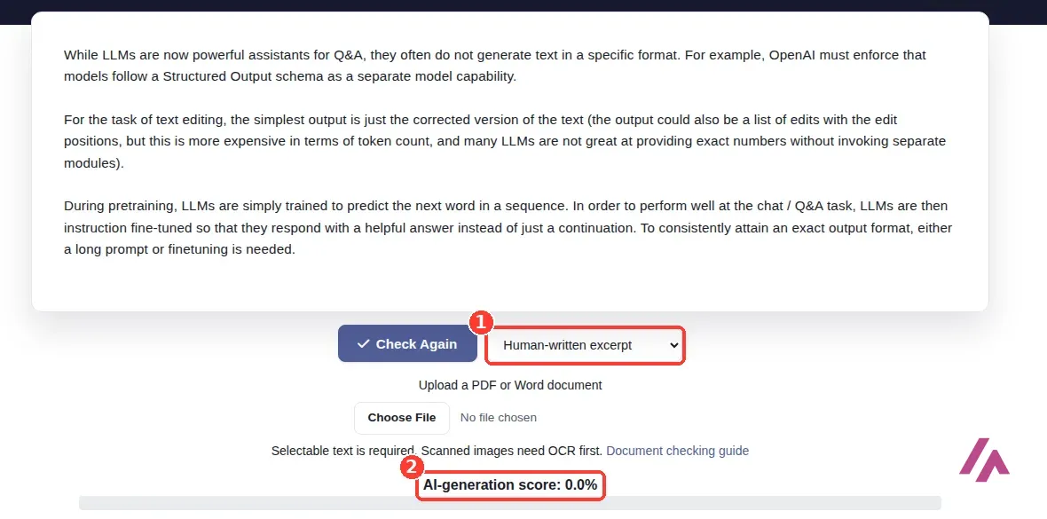 Detector de Sapling con la muestra Human-written excerpt en inglés elegida en Try a Sample y la puntuación AI-generation score 0.0% recuadrada