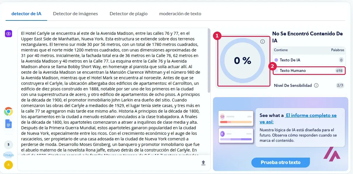 Detector de IA de Copyleaks con su ejemplo de texto mixto humano e IA en español, con el resultado de 0 por cien y 698 palabras de texto humano recuadrados