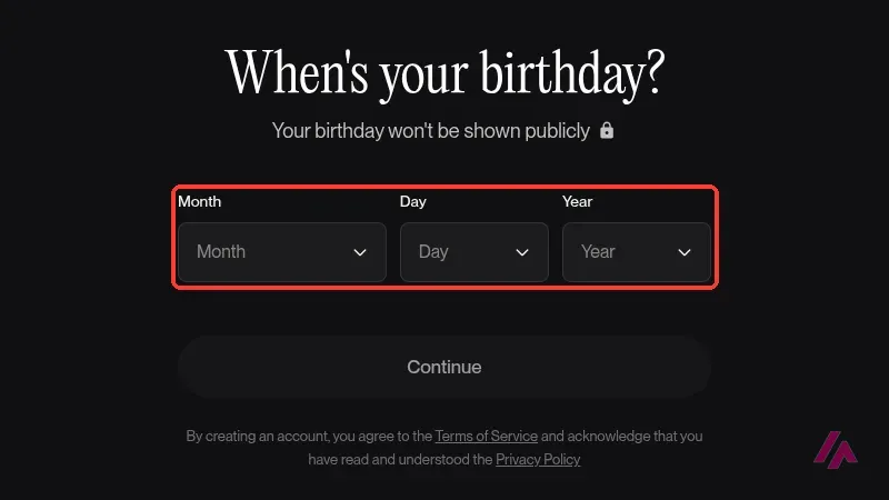 Pantalla de Suno que pregunta When's your birthday con los campos de mes, día y año recuadrados