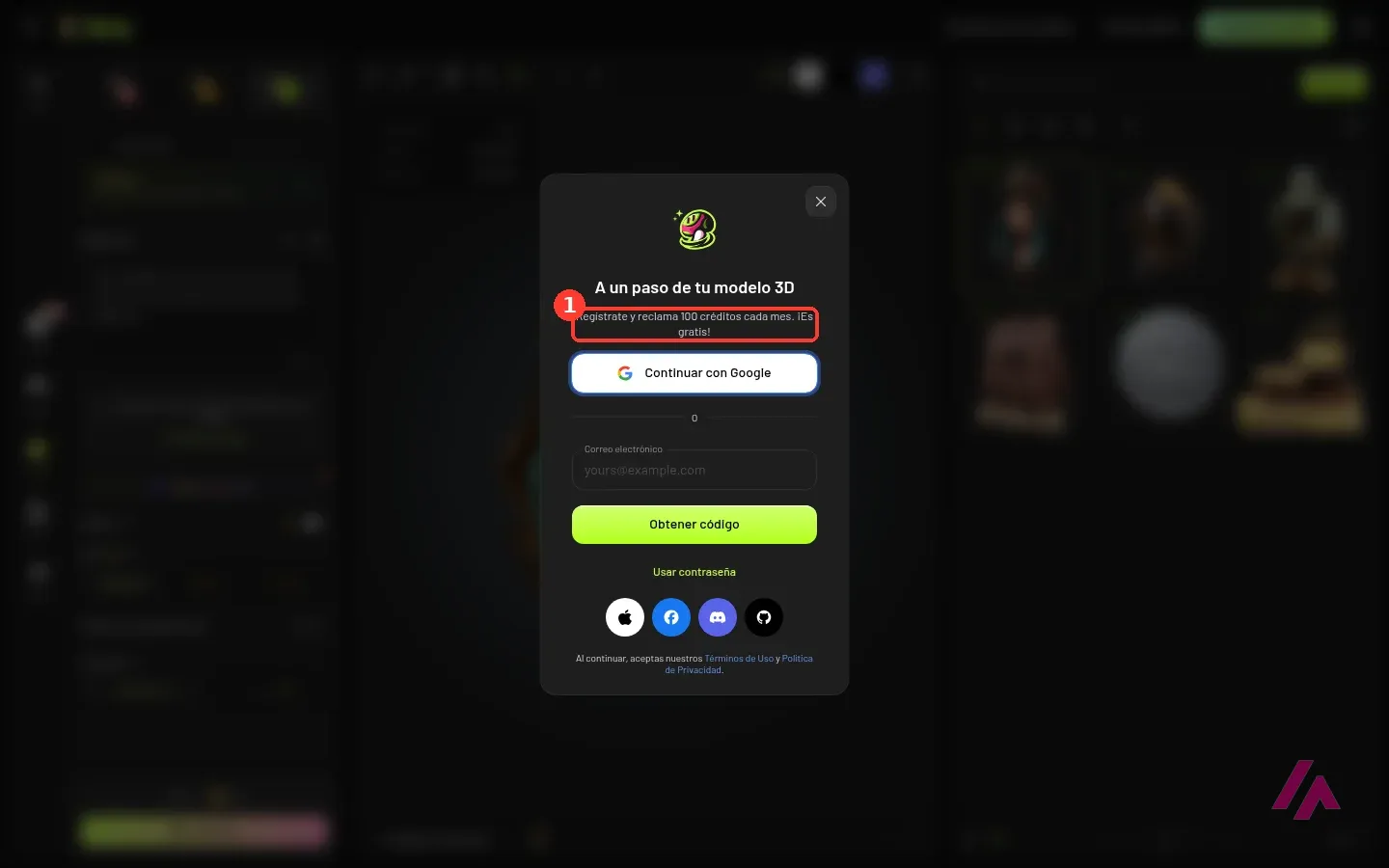 Ventana de registro de Meshy que aparece al pulsar Generar sin cuenta, con el texto Regístrate y reclama 100 créditos cada mes recuadrado