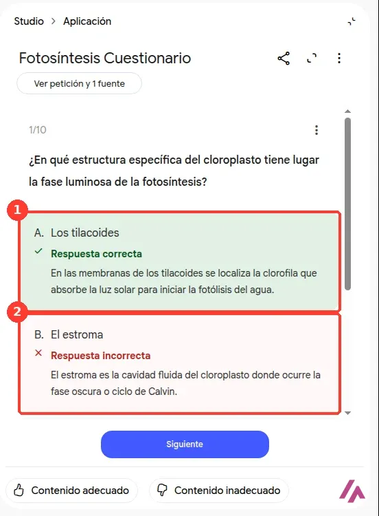 Primera pregunta del cuestionario de Gemini Notebook sobre la fase luminosa, con la respuesta correcta los tilacoides recuadrada con el número 1 y la respuesta fallada el estroma con el número 2