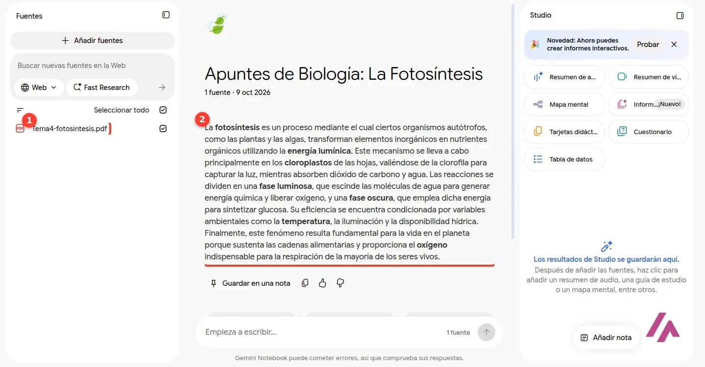 Cuaderno de Gemini Notebook con el PDF de apuntes de la fotosíntesis como única fuente, recuadrado con el número 1, y el resumen automático recuadrado con el número 2