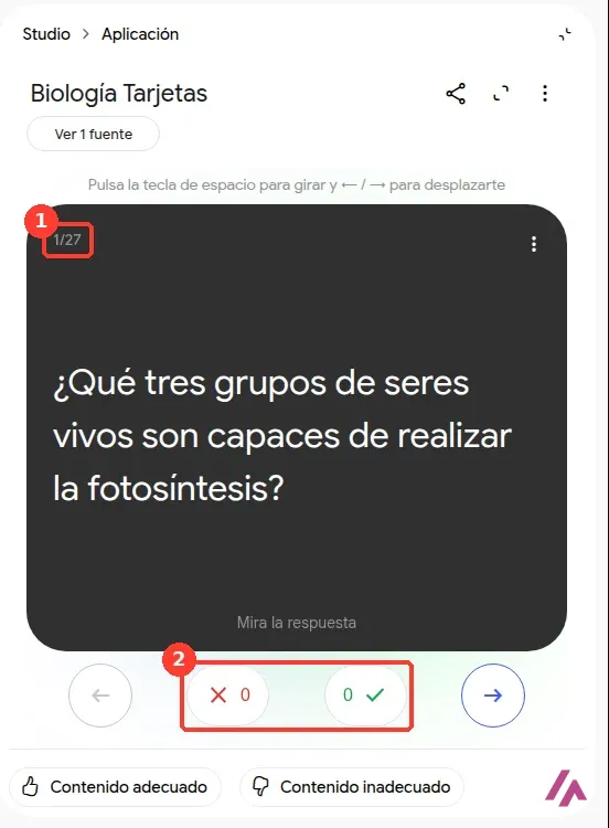 Tarjetas didácticas de Gemini Notebook con la primera tarjeta de 27 mostrando una pregunta, el contador recuadrado con el número 1 y los botones de falladas y sabidas con el número 2