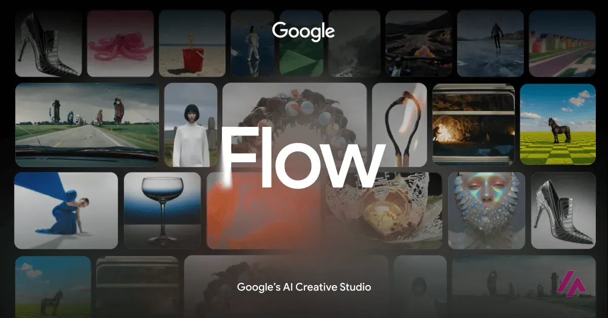 La palabra Flow en letras blancas grandes con el logotipo de Google encima y el texto Google's AI Creative Studio debajo, sobre un mosaico de fotogramas e imágenes generadas como un caballo en un tablero, un cubo rojo en la playa y un zapato de tacón plateado