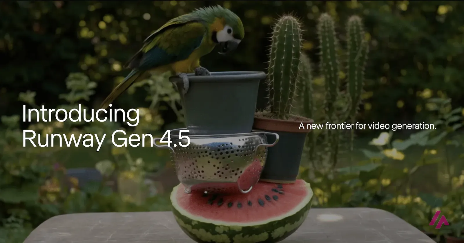 Imagen de presentación de Runway Gen 4.5 con un loro sobre un cubo, un colador y un cactus encima de media sandía, con el texto Introducing Runway Gen 4.5