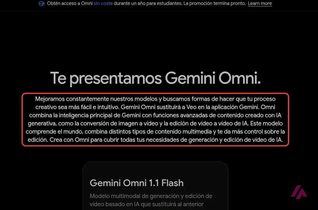 Página oficial de vídeo de Gemini en español con el texto recuadrado que dice que Gemini Omni sustituirá a Veo en la aplicación Gemini