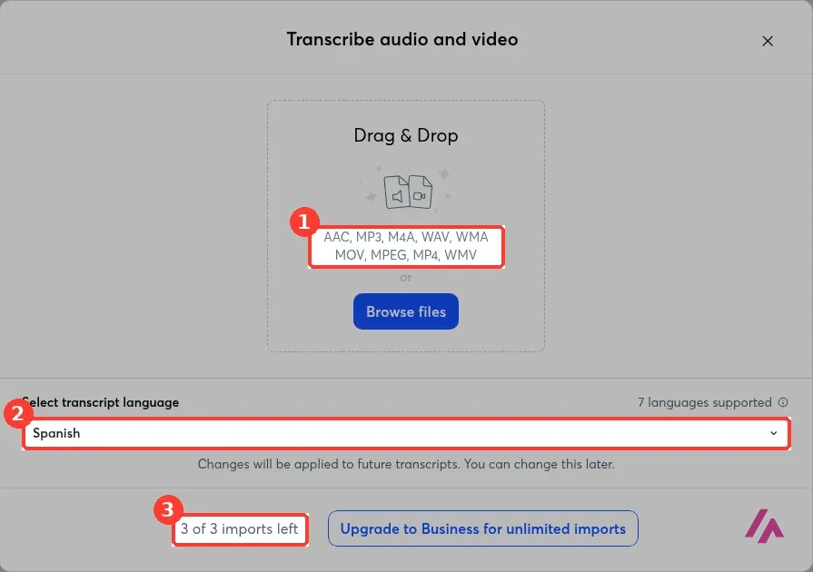 Ventana Transcribe audio and video de Otter.ai con recuadrados los formatos de archivo admitidos, el idioma Spanish elegido y el contador 3 of 3 imports left