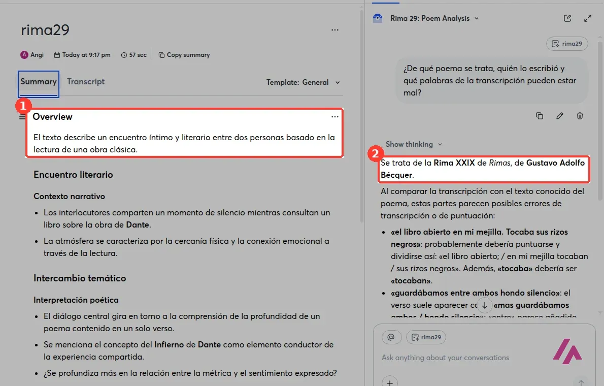 Resumen automático de Otter.ai en español con el apartado Overview recuadrado y, a la derecha, el AI Chat respondiendo que se trata de la Rima XXIX de Gustavo Adolfo Bécquer
