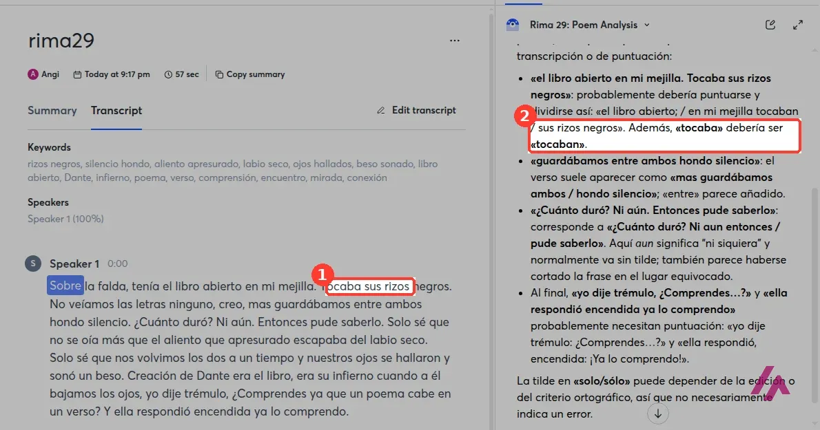 Transcripción de Otter.ai de la Rima XXIX de Bécquer con recuadrado el fragmento Tocaba sus rizos y, a la derecha, el AI Chat señalando que tocaba debería ser tocaban