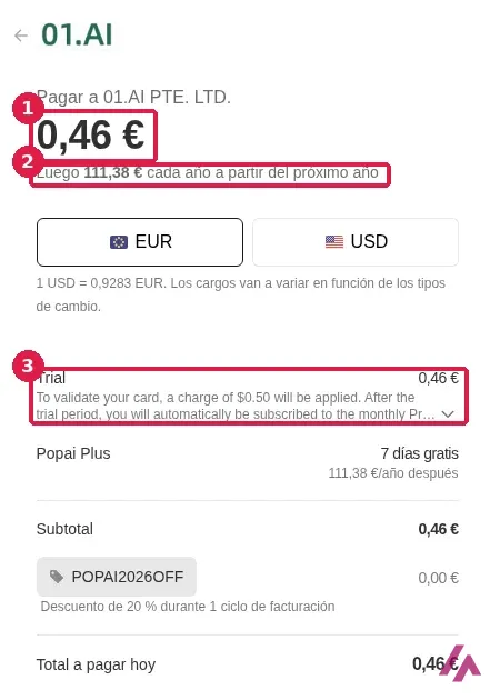 Pasarela de pago de PopAi con el cargo de 0,46 euros recuadrado con el número 1, la renovación a 111,38 euros cada año con el número 2 y la letra pequeña de la prueba con el número 3