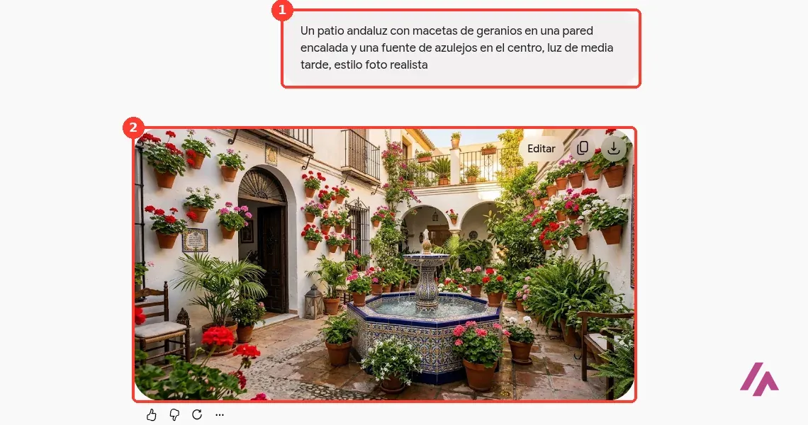 Conversación de Gemini con el encargo de un patio andaluz y la imagen generada: paredes blancas llenas de macetas con flores rojas y rosas y una fuente de azulejos azules