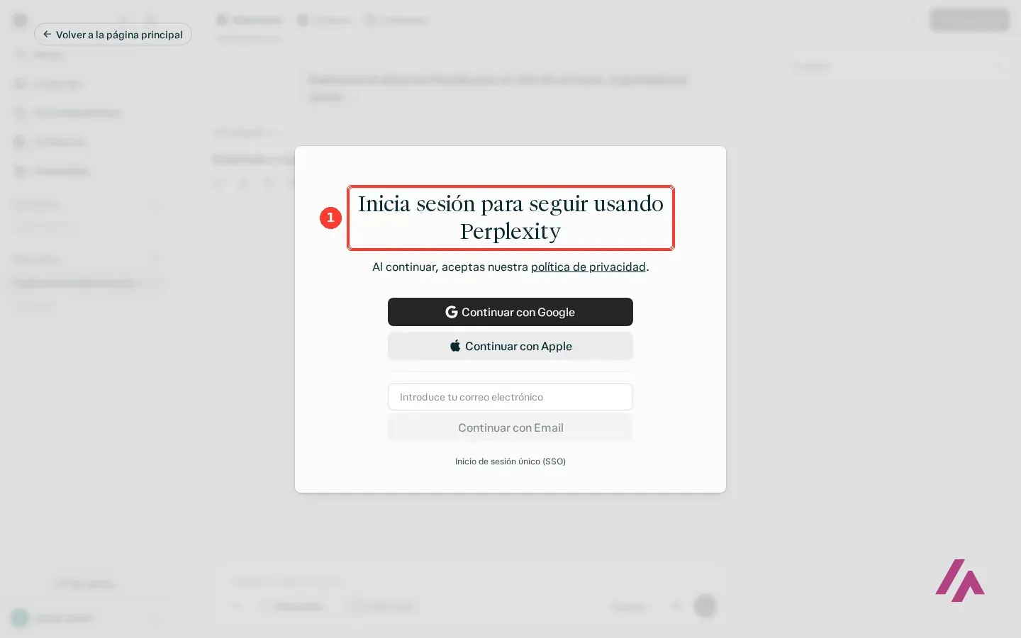 Ventana de Perplexity con el título Inicia sesión para seguir usando Perplexity recuadrado y los botones Continuar con Google, Continuar con Apple y correo