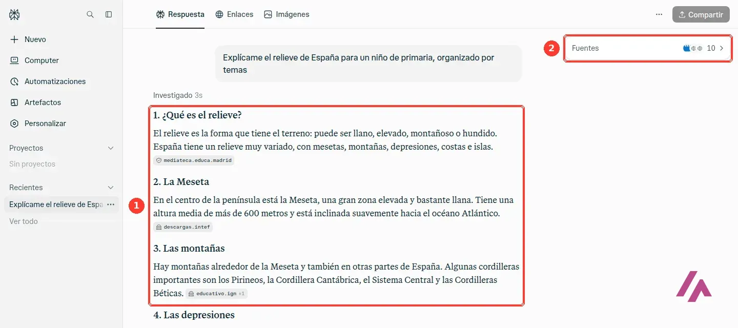 Respuesta de Perplexity sin cuenta al relieve de España para primaria, con los apartados 1 a 3 y sus fuentes recuadrados y el botón Fuentes 10 recuadrado