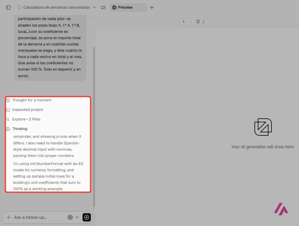 Chat de v0 trabajando en la calculadora de derramas, con su razonamiento en inglés recuadrado mientras la vista previa sigue vacía