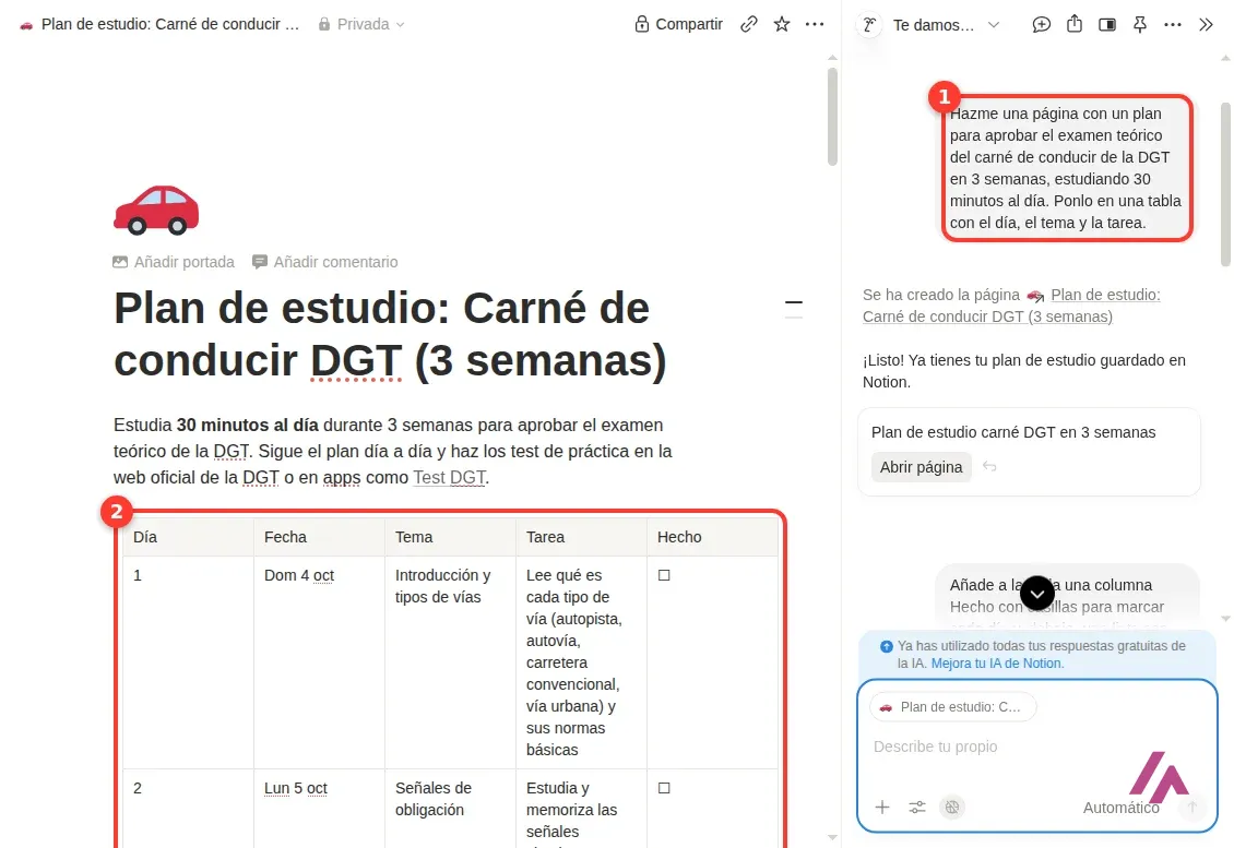 Notion con el chat de la IA a la derecha y la petición del plan de estudio recuadrada, y a la izquierda la página creada con la tabla de días, fechas, temas, tareas y la columna Hecho recuadrada