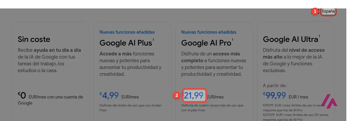 Página de planes de Gemini con España seleccionado y los precios Sin coste, Google AI Plus, Google AI Pro y Google AI Ultra en euros al mes