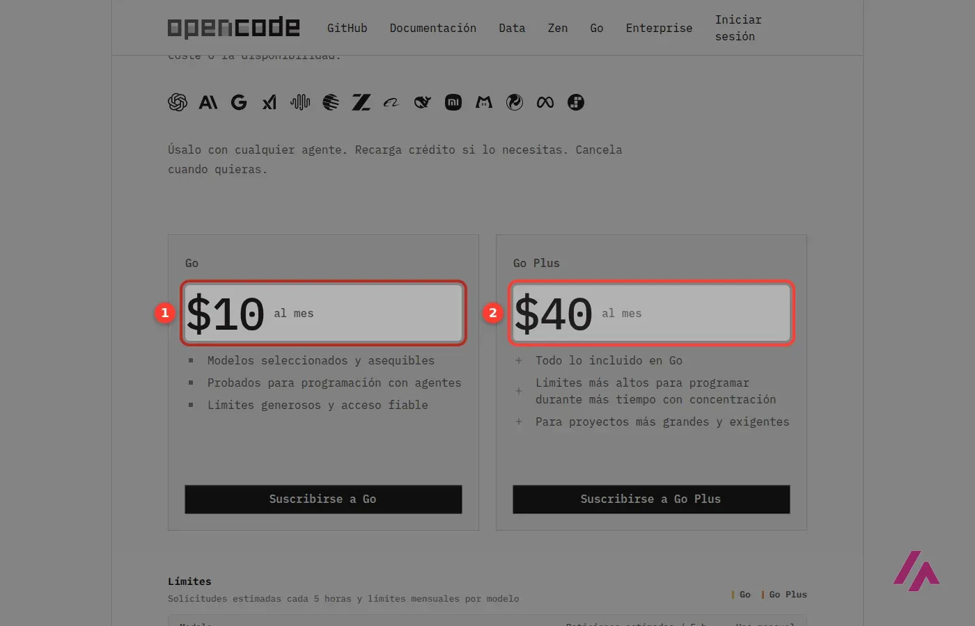 Página de OpenCode Go en español con el plan Go a 10 dólares al mes y el plan Go Plus a 40 dólares al mes recuadrados y numerados