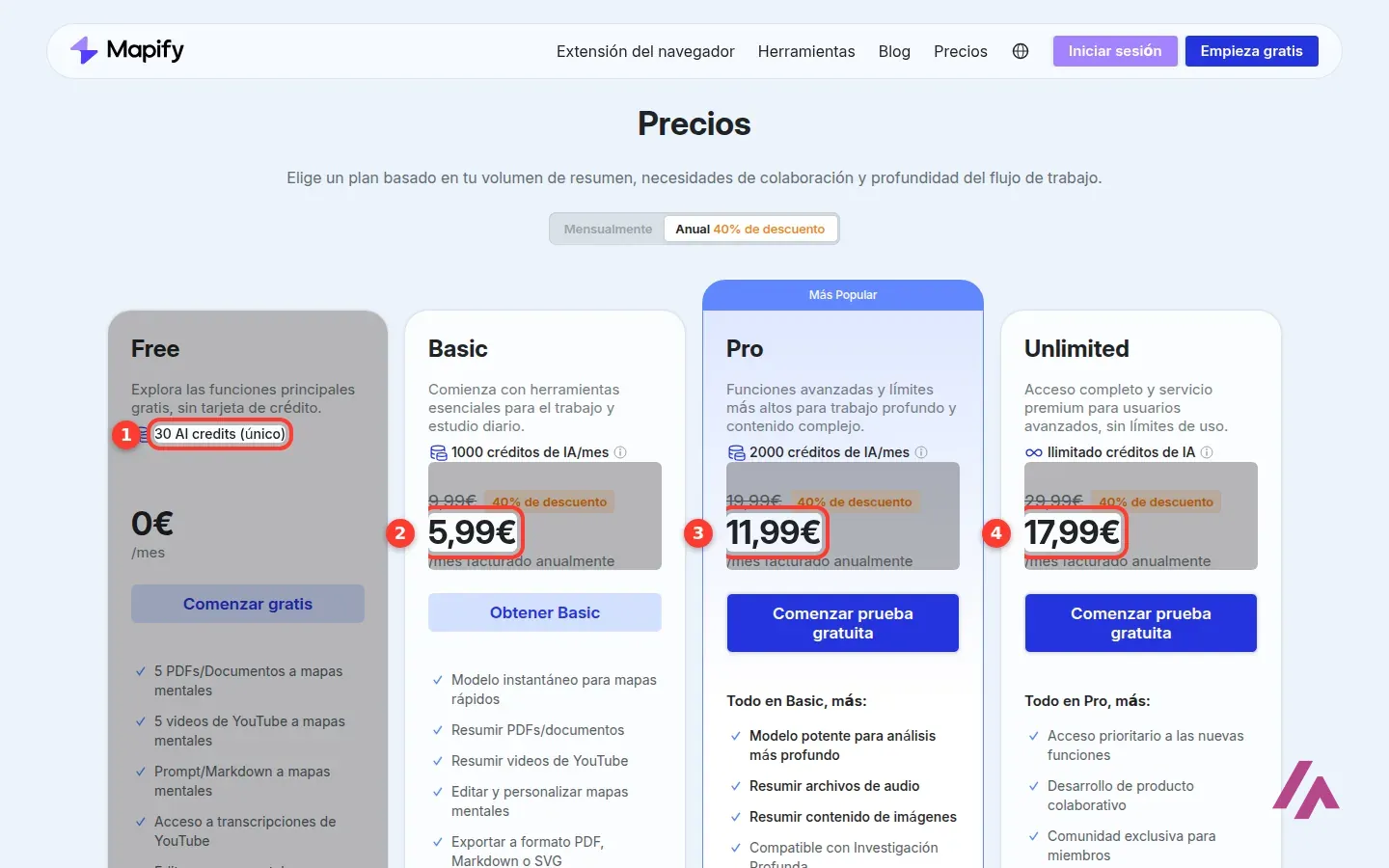 Página de precios de Mapify en español con los créditos del plan Free y los precios anuales de Basic, Pro y Unlimited recuadrados