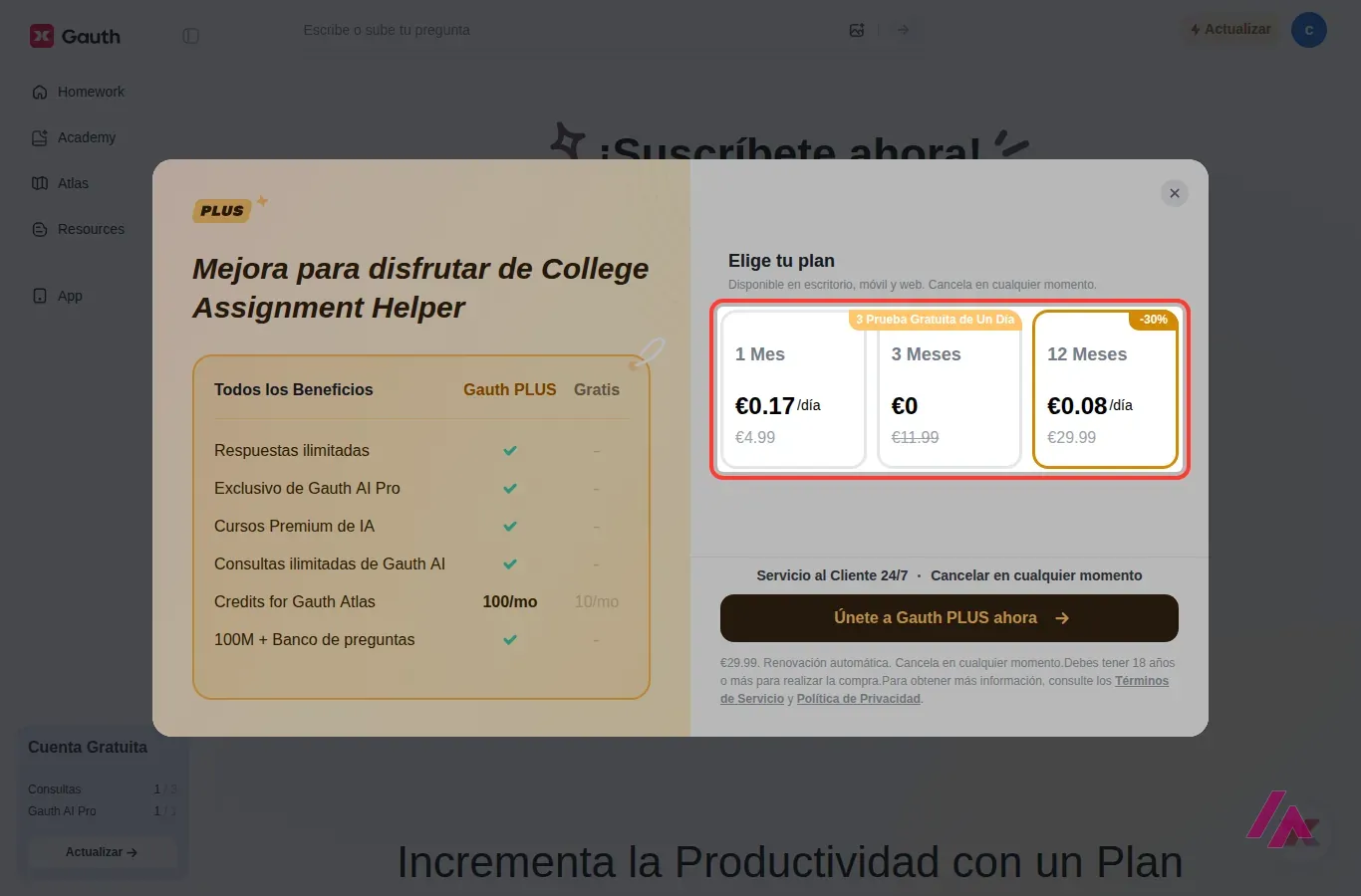 Ventana de suscripción de Gauth PLUS con tres planes: 1 mes a 4,99 euros, 3 meses a 11,99 euros con prueba gratis y 12 meses a 29,99 euros