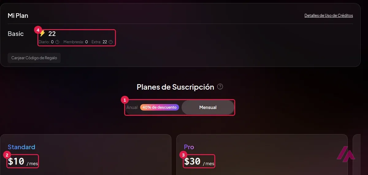 Página de suscripción de PixVerse con la cuenta gratis Basic y 22 créditos, la pestaña Mensual y los planes Standard a 10 dólares al mes y Pro a 30 dólares al mes recuadrados