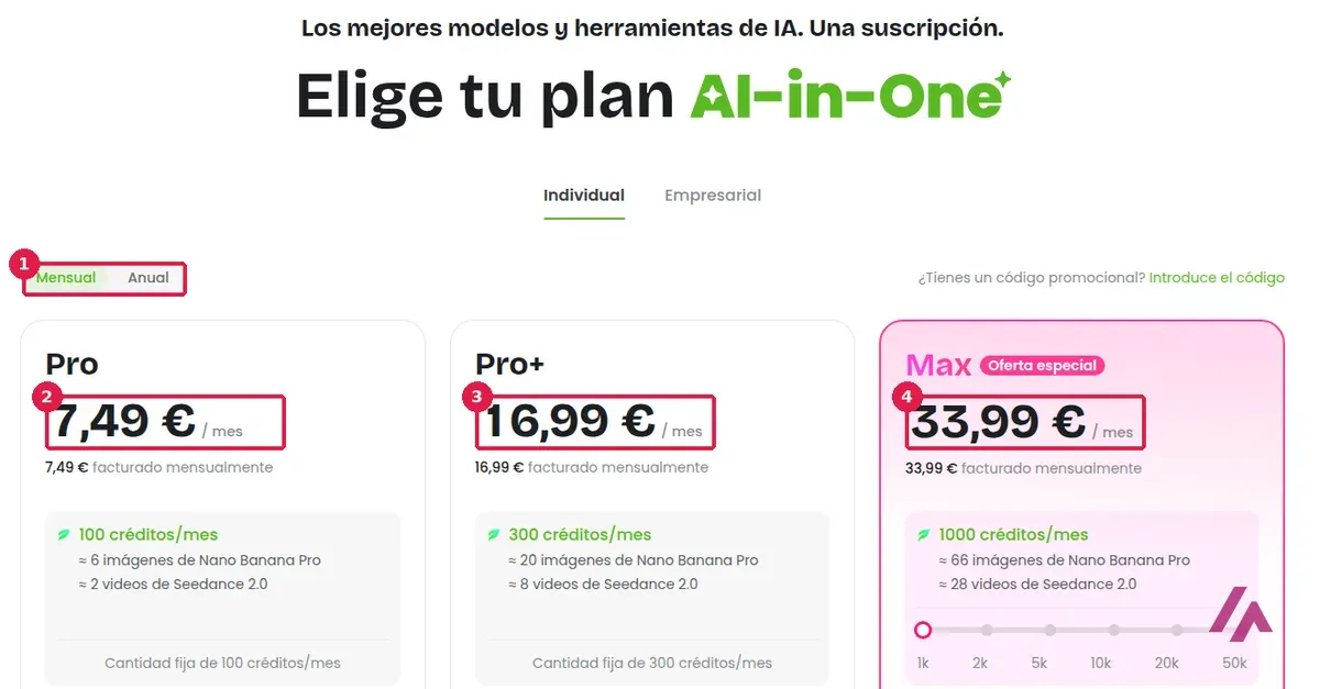 Página de precios de Fotor en pago mensual con el interruptor Mensual y Anual y los planes Pro a 7,49 euros, Pro+ a 16,99 y Max a 33,99 recuadrados
