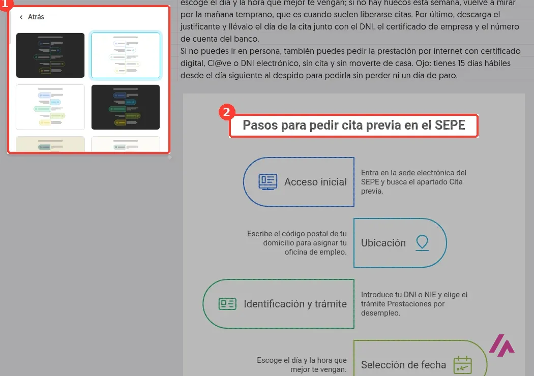 Napkin AI con el panel de estilos del visual a la izquierda y el visual Pasos para pedir cita previa en el SEPE con sus pasos e iconos, recuadrados y numerados