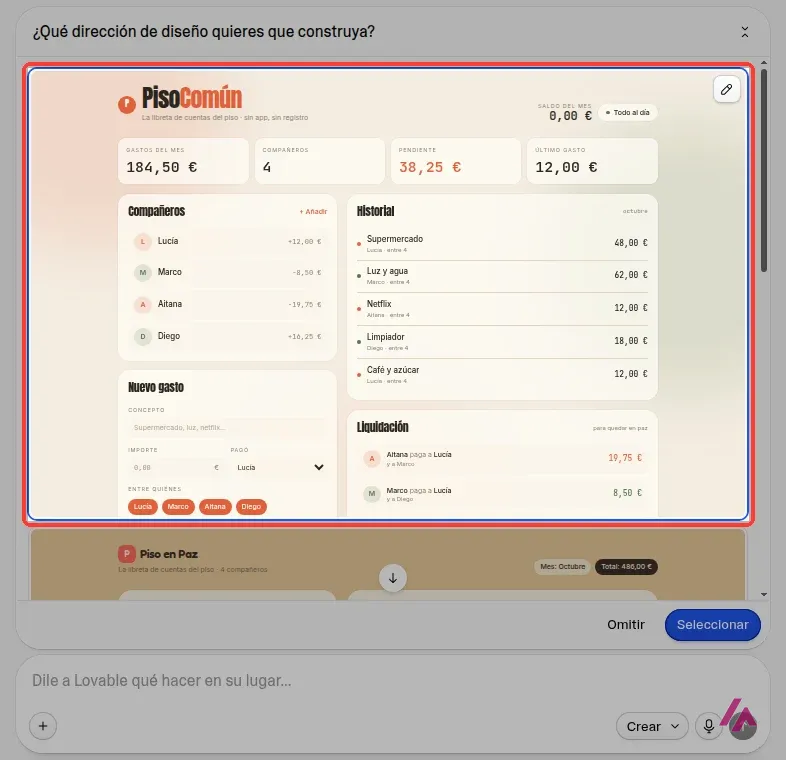 Caja de Lovable que pregunta qué dirección de diseño construir, con la primera propuesta de la calculadora de gastos recuadrada
