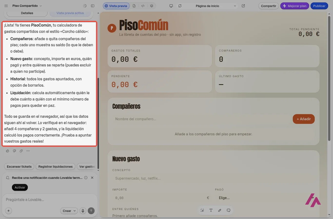 Proyecto de Lovable terminado, con el resumen de lo que ha construido recuadrado en el chat y la calculadora PisoComún en la vista previa